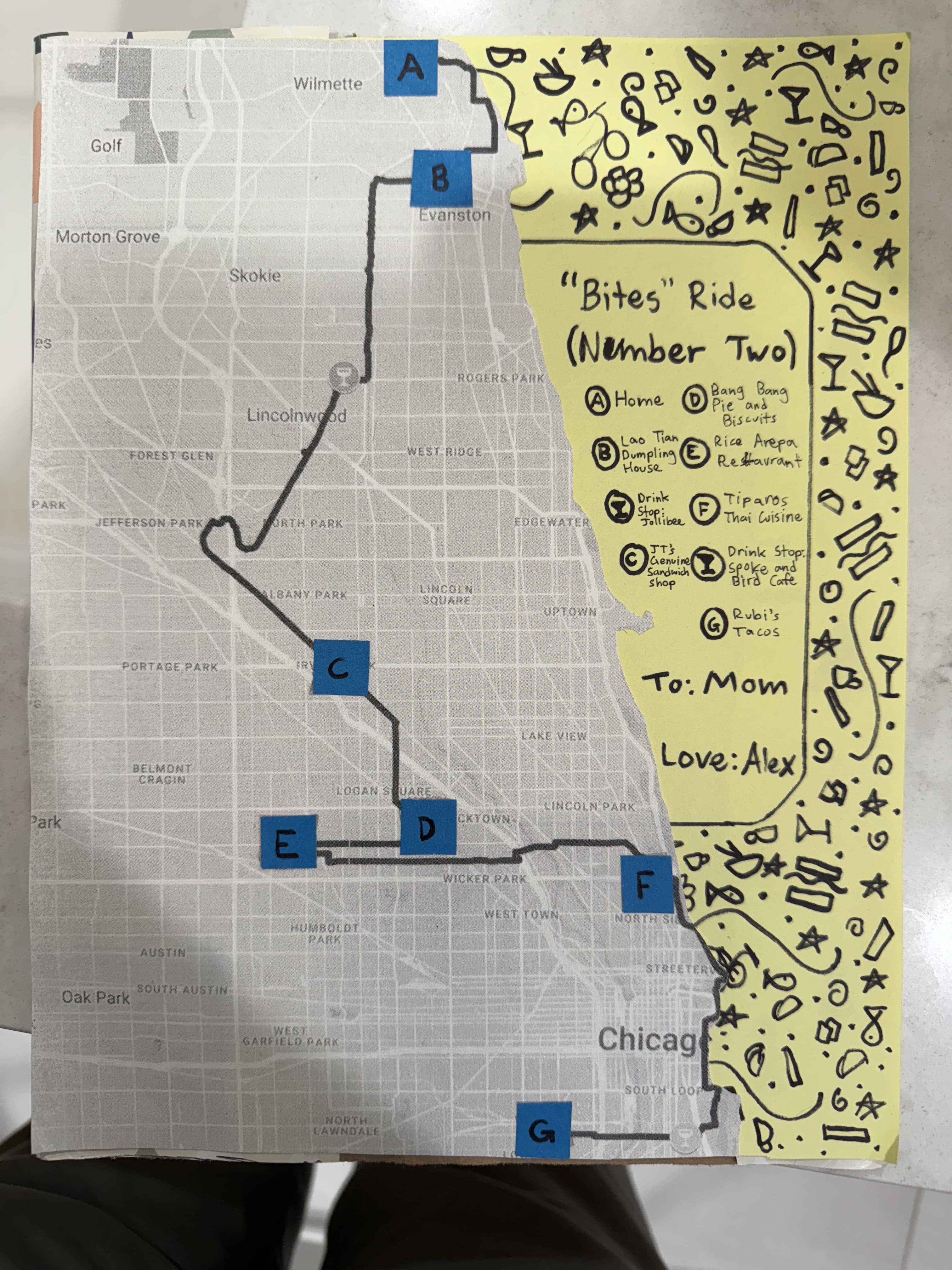 Handmade Chicago bike ride map with route stops marked.