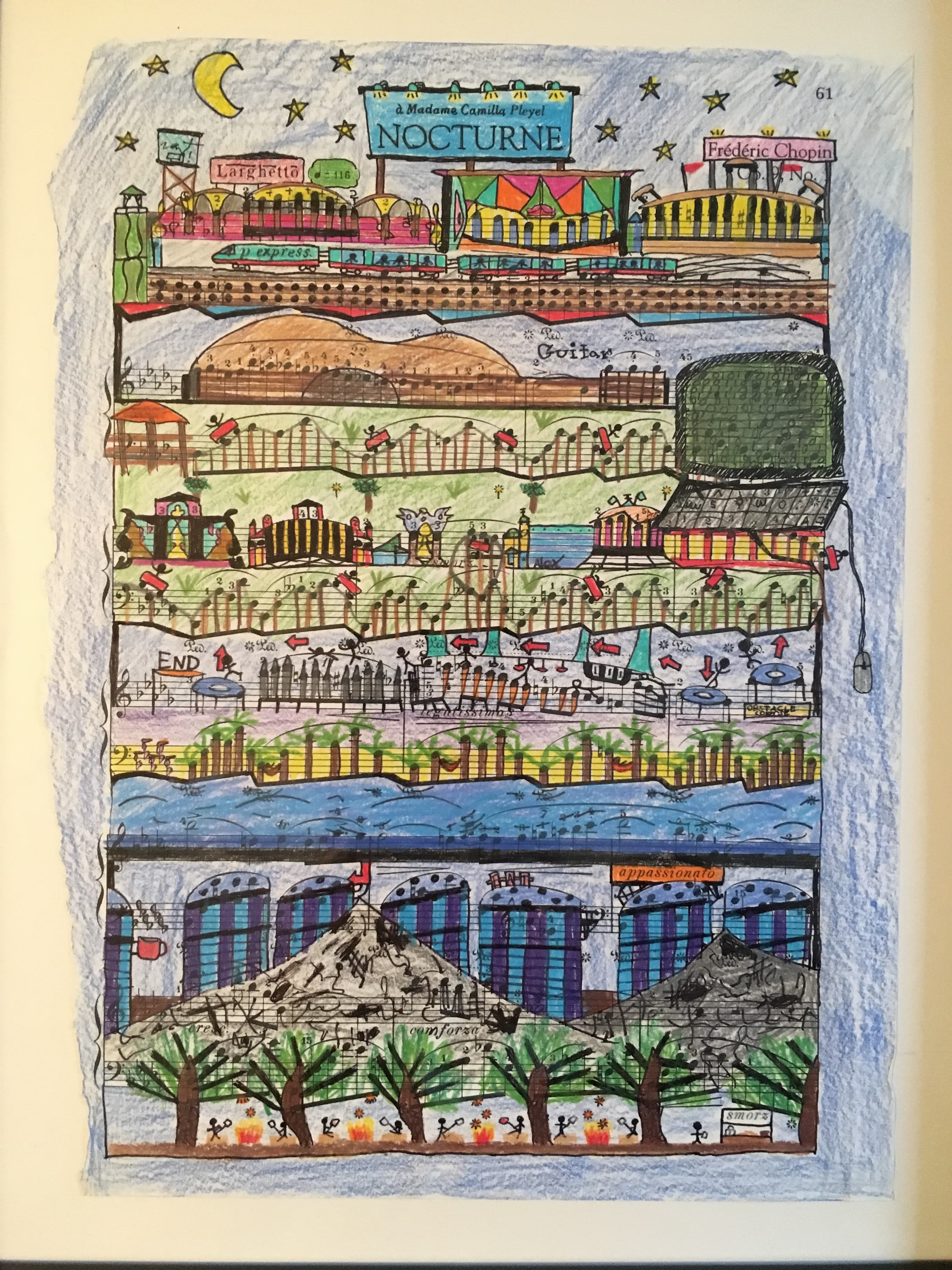 Colored drawing of a whimsical Nocturne music map.